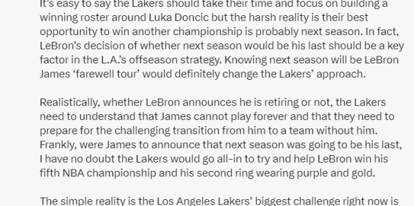 美记解析明年成湖人十年内唯一夺冠机会！列4理由：40詹最后一搏